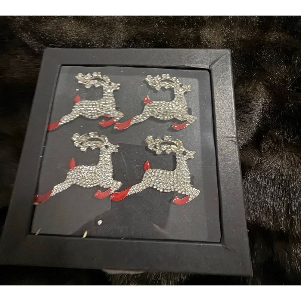 Rachel Zoe SET 4 RUNNING *REINDEERS* NAPKIN RING HOLDERS BLING CHRISTMAS